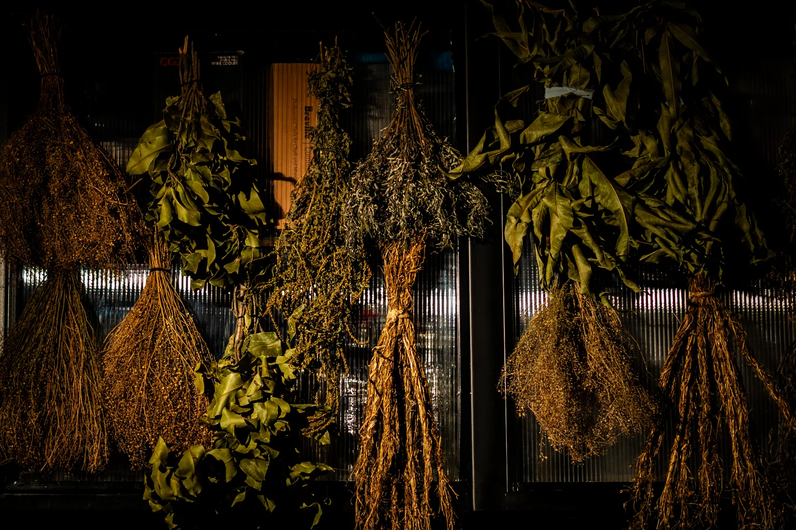 Hierbas secas colgadas en el comedor